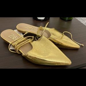Zara Tied T-Strap Mules Gold Size 6. New with tags